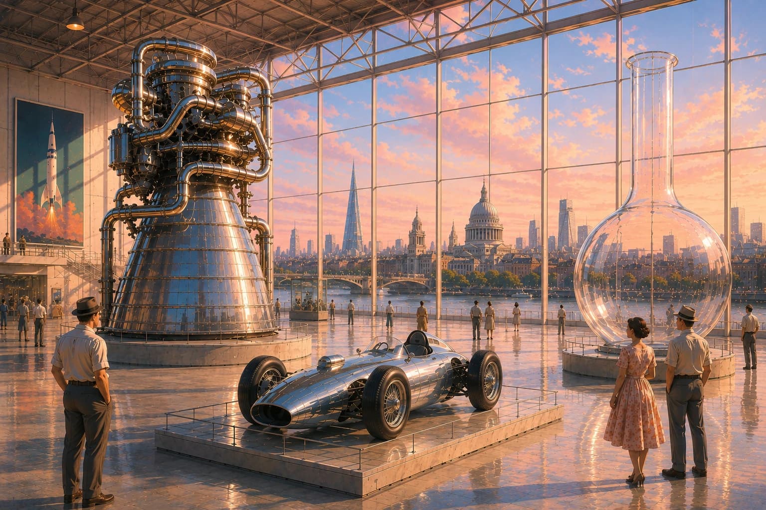 A grand glass-walled exhibition hall overlooking the London skyline at sunset, with a rocket engine, a vintage race car and a giant flask on display.