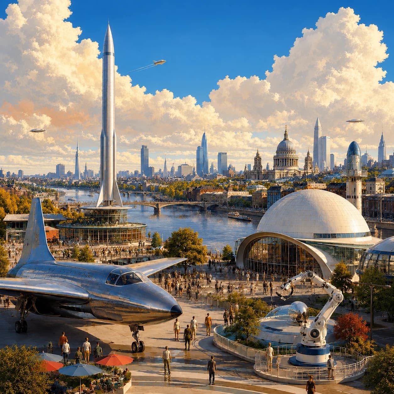 Retrofuturist South Bank skyline with a rocket tower, a supersonic jet and a geodesic exhibition dome